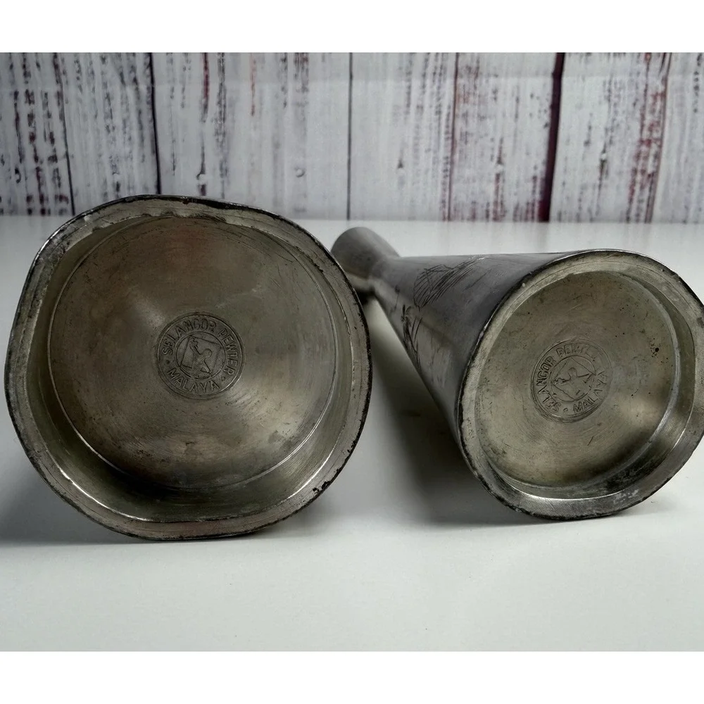 MCM Metal Candle Holders Taper Candlestick Silver Tone Modern Vintage Etched